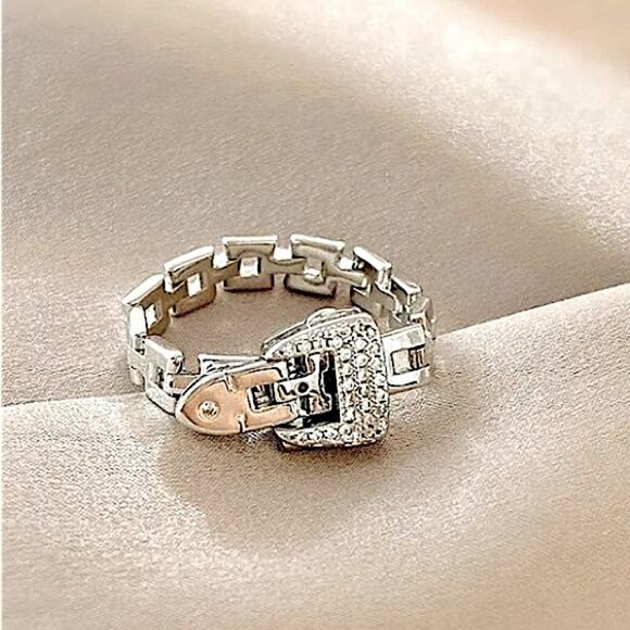 Silver Belt Buckle Bracelet Matching Ring Set, Minimalist, Zircon, Chain Link - Picture 11 of 12